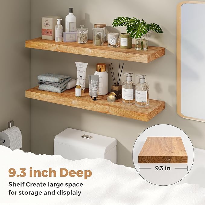 RICHFOCUS Elm Floating Shelves for Wall - 36" W x 9.3" D Rustic Solid Wood Shelves with Invisible Bracket, Wall-Mounted for Living Room, Bedroom, Kitchen Storage & Display, Set of 2, Natural