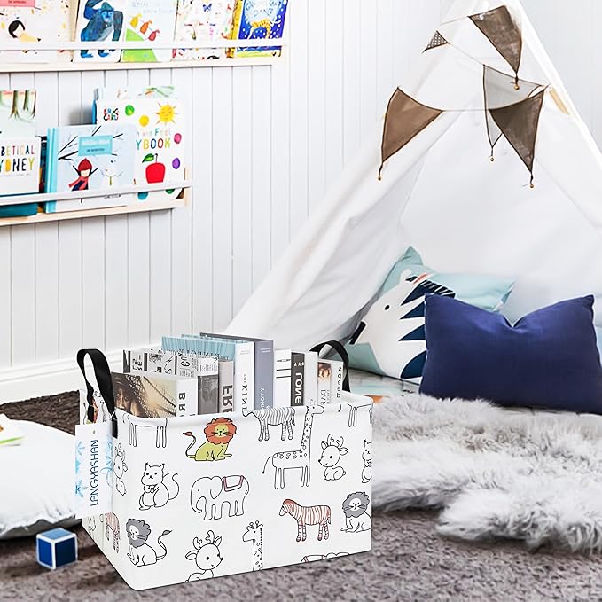LANGYASHAN Rectangular Storage Bin Collapse Canvas Fabric Cartoon Storage Basket with Handles for Organizing Home Kitchen Boys and Girls Toys Office Closet Shelf Baskets (Rec Simplified Zoo)
