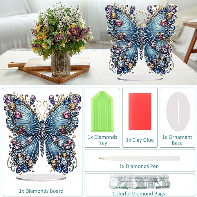 Diamond Painting Kits for Adults Beginners, 5D Full Drill Flowers and Butterfly Crystal Art Desktop Ornament, DIY Single Sided Home Office Desk Decor, Creative Craft Gift Set with Tools