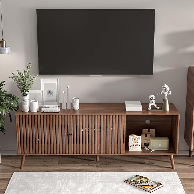 Mid Century Modern TV Stand for Televisions up to 70 Inches, with Sliding Doors and Storage, Television Stands, TV Consoles, Media Consoles for Living Room, 63 Inch (Walnut)