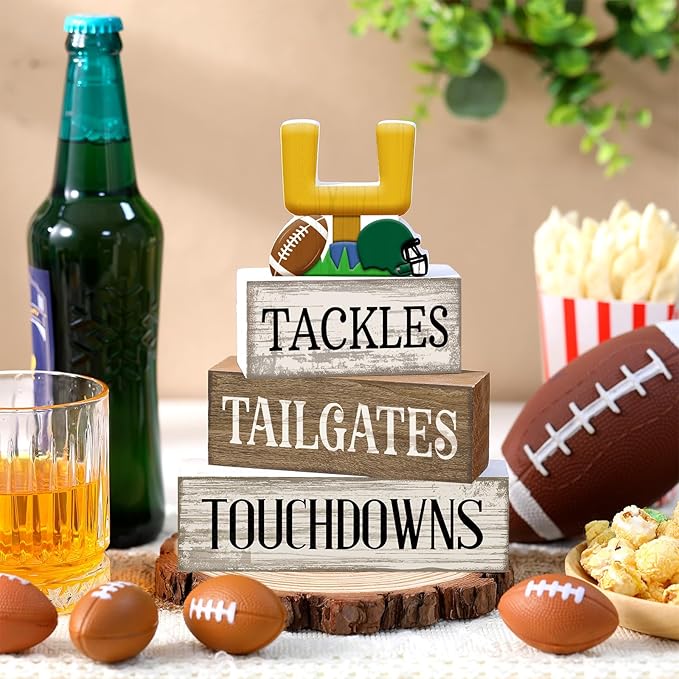 4 Pcs Football Table Decorations Football Tiered Tray Decor Sport Game Centerpiece Sign Decorative Rugby Stack Block Gift for Fans Club Tailgate Birthday Party Table Shelf Fireplace Decor