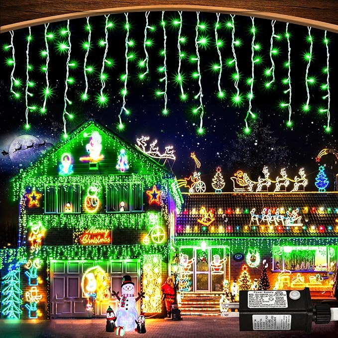 Green Christmas Lights Outdoor, 33ft 400 LED Icicle Lights for Outside House with Connectable Clear Wire 8 Modes Timer, Plug in Waterproof for Home Holiday Eaves Yard Party Room Indoor Decoration