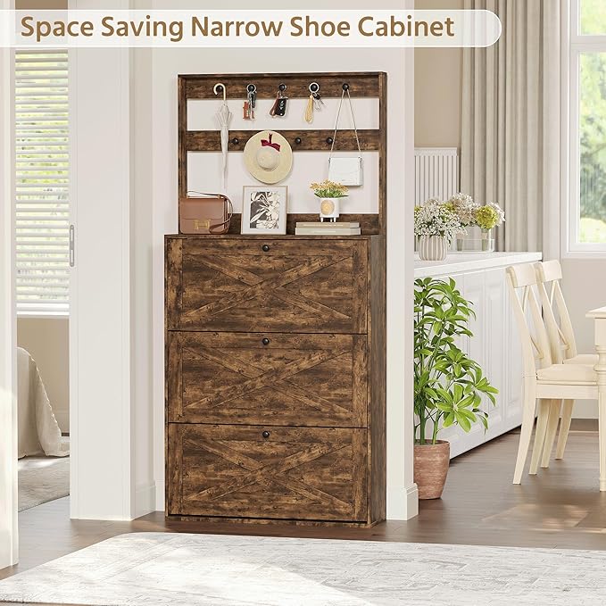 Shoe Cabinet with 3 Flip Drawers, Narrow Shoe Cabinet with 9 Hooks Coat Rack, Freestanding Shoes Storage Cabinets with Adjustable Shelves for Entryway, Hallway, Living Room, Rustic Brown