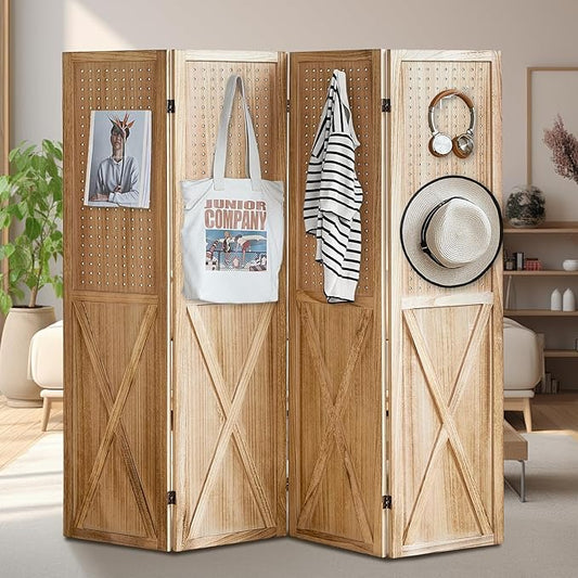 4 Panel Pegboard Wood Room Divider, 5.6Ft Pegboard Display Folding Privacy Screens, Peg Board Display Freestanding for Trade Show Craft Show Home Wall Organizer, Light Brown