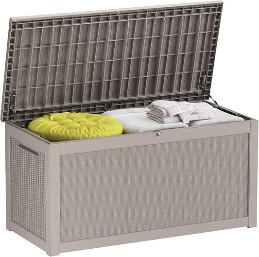 260 Gallon Deck Box XXL Large Outdoor Storage for Patio Furniture,Outdoor Cushions,Garden Tools and Pool Supplies,Waterproof,Resin,Lockable(Grey Rattan)