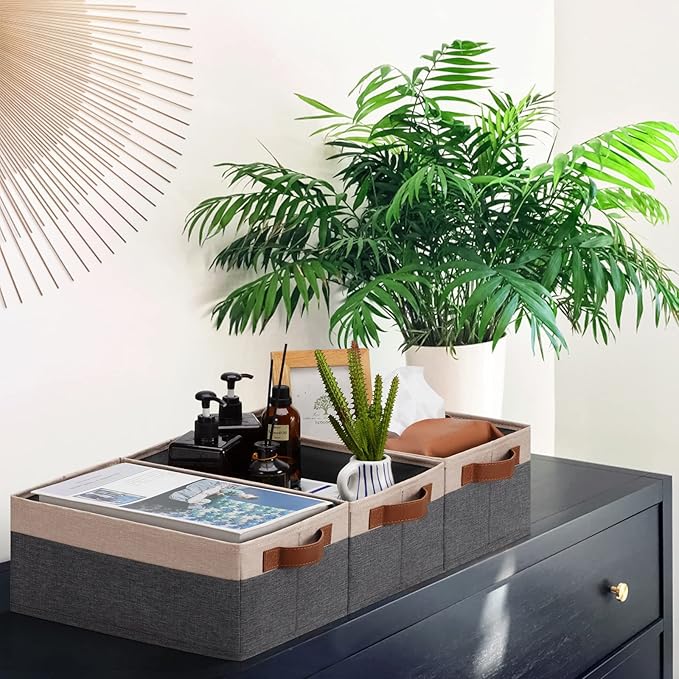 GhvyenntteS Small Fabric Storage Bins 12 Pack, 11.8" x 7.87" x 5.11" Storage Basket with Leather Handles, Closet Storage Bins for Shelves, Storage Baskets for Shelves, DVD Storage (Grey&Beige Yellow)