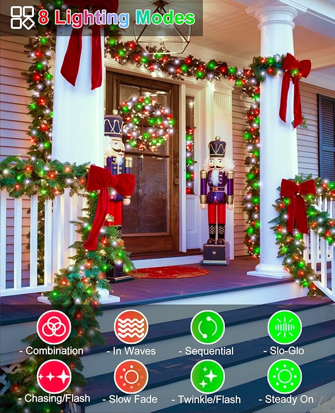 80FT 240 LED Christmas Lights Outdoor, Plug in Christmas Tree Lights Waterproof 8 Modes, Green Wire Connectable String Light for Indoor Garden Xmas Party Holiday Decorations, Red White Green