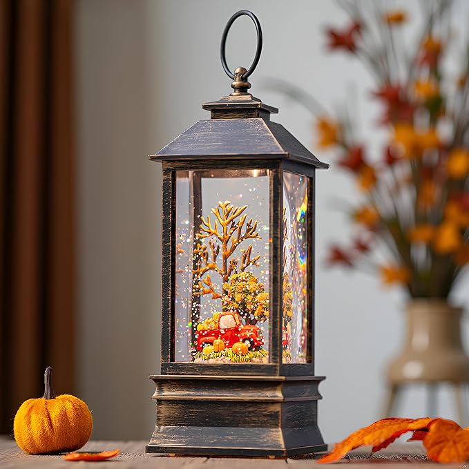 Fall Snow Globe Lantern Thanksgiving Glittering Lighted Lantern, Fall Harvest Day Decorations Gifts, Home Fall Halloween Decor (Pumpkins &Truck)