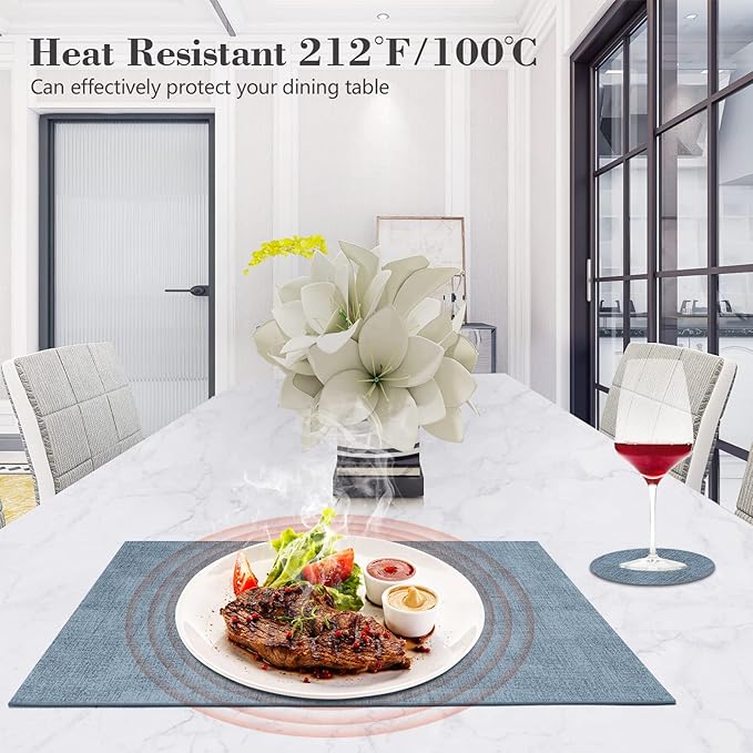 Faux Leather Placemats Set of 6,Heat Resistant Placemats for Dining Table, Easy Clean Non-Slip Place Mats, Waterproof Stain Resistant Wipeable Washable PU Table Mats, (Blue)