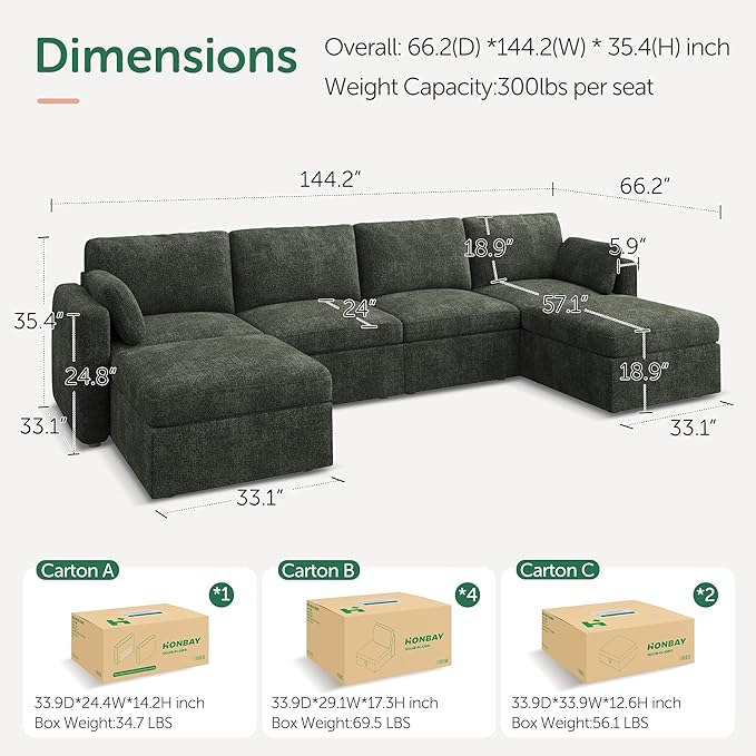 HONBAY Sectional Couch with Storage Seats, Modular Sectional Sofa with Storage Ottoman, U Shaped Sectional Couches for Living Room,Green