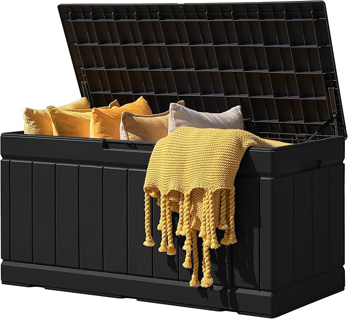 JUMMICO 83 Gallon Outdoor Deck Box Large Resin Storage Box for Patio Furniture Cushions and Garden Tools (Black)