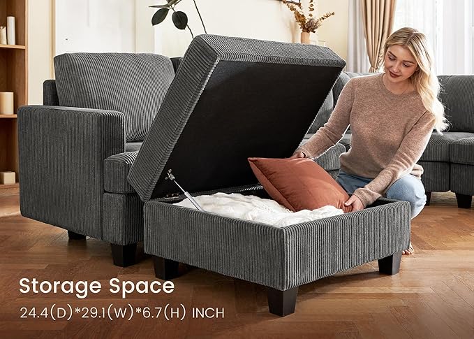 Nolany Modular Sectional Couch with Storage Ottoman, Corduroy Sleeper Sectional Sofa with Chaise, Sectional Couches for Living Room, Dark Grey