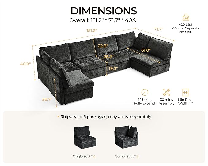 Oversized Modular Sofa Comfy Cloud Couch with Storage, Extra Deep Plush Sectional Sofa Set for Living Room, Covers Washable, Chenille, Olar (Black, 6-Seater with 2 Corners, u-Shaped)