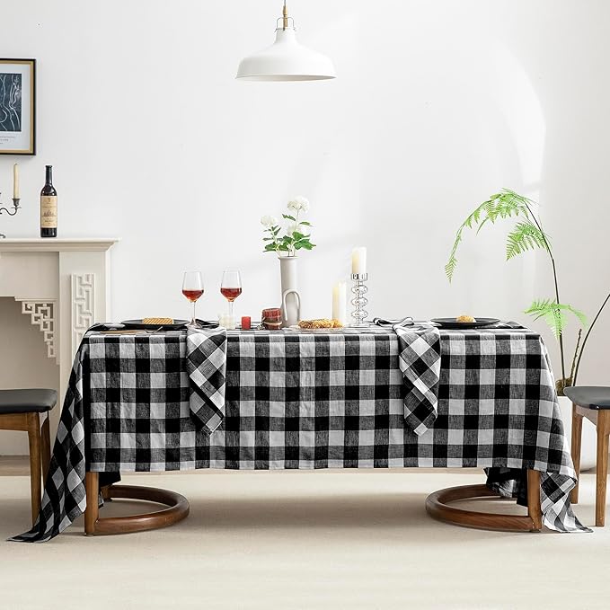 EVERLY 100% Yarn-Dyed Linen Rectangle Tablecloths 60x84Inches for Dining,Buffet Parties,Picnic,Events and Restaurants,Decorative Halloween,Thanksgiving Machine Washable Tablecloths-Black Plaid