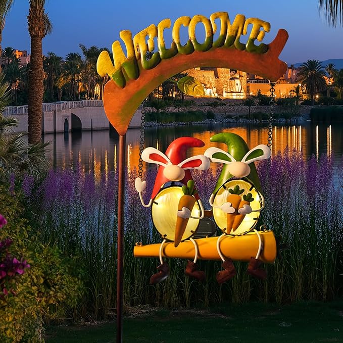 HONGLAND Solar Lights Outdoor Decor, Gnomes Swing Garden Decor, Funny Gardening Gifts for Women Mom, Gnome Outdoor Decorations with Welcome Sign for Front Porch Patio