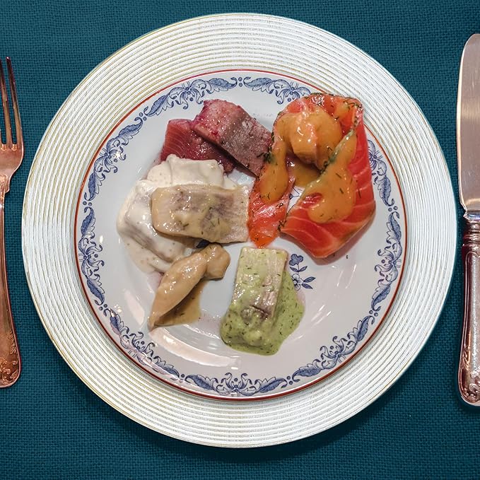 13" Round Charger Plates, 6 pack Ring Pattern Plastic Chargers for Dinner Plates, Vintage Charger Plate Set Bulk Wedding, White