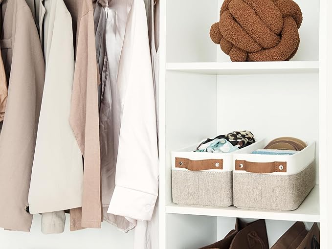 StorageWorks Narrow Storage Bins, Small Baskets for Organizing, Long Storage Basket with Handles, Fabric Storage Bins for Shelf, Brown and White, 2-Pack