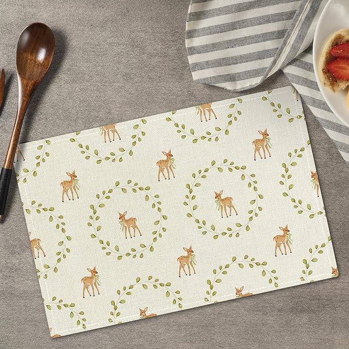 Fawn Themed Placemats Set of 4, Green Leaf Table Mat for Home Kitchen, Restaurants, Outdoor Linen Washable Place Mats 12x18 inch Party Event Dining Decoration-10