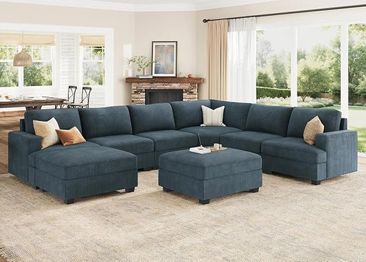 Nolany Sectional Sofa with Storage Ottoman, Corduroy Modular Sectional Couch, U Shape Sectional Couches for Living Room, Blue
