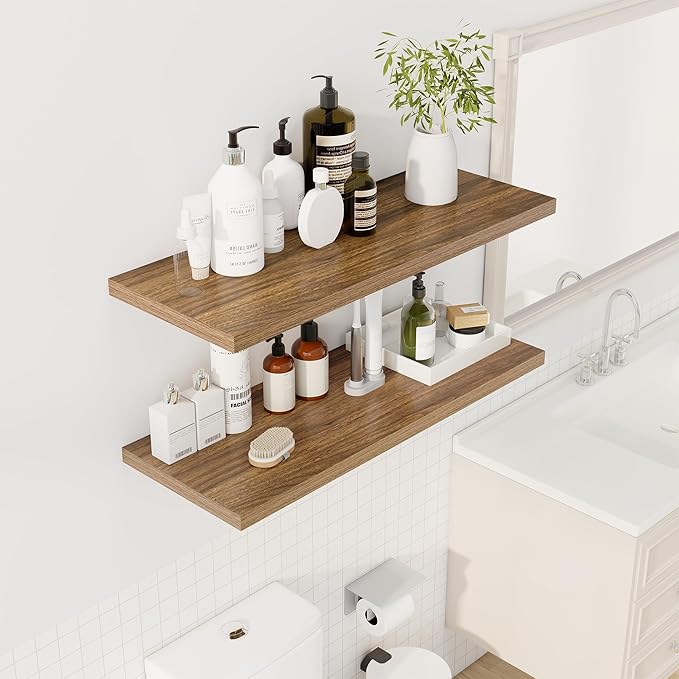 36" Floating Shelves for Wall, 12" Deep Slim Walnut Floating Shelves, Wall-Mounted Shelves for Bedroom, Living Room, Kitchen, Bathroom - Set of 2