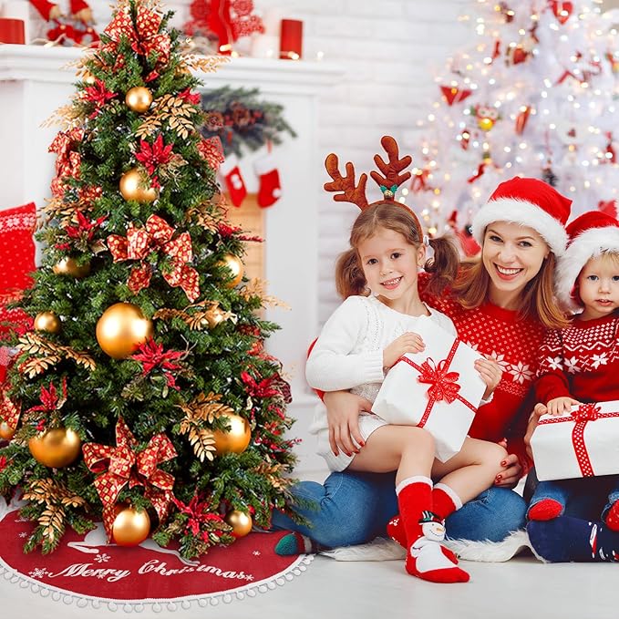 24 Inch Christmas Tree Skirt, Burlap Red Christmas Rustic Tree Skirt with Elk Deer and White Snowflake Printed for Holiday Party Xmas Tree Decoration