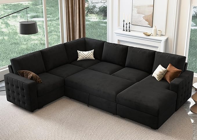 HONBAY Sectional Sleeper Sofa with Pull Out Bed U-Shape Sectional Couch with Storage Chaise 6 Seater Sleeper Sectional Sofa Bed, Velvet Black
