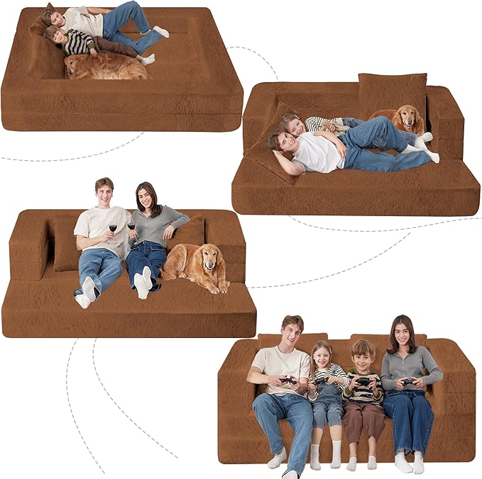 Folding Bean Bag Chair for Adults,3-in-1 Bean Bag Couch Faux Fur Floor Sofa Large Beanbag Convertible Bean Bag Sofa Bed with Pillow in Bedroom,Living Room,Apartment(Queen,Caramel)