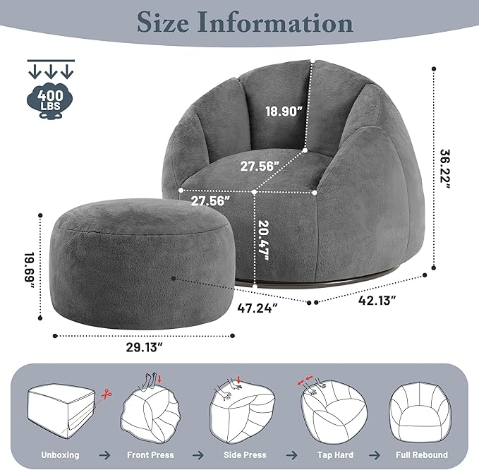 Giant Bean Bag Swivel Chair for Adults - Comfy Plush Round Shell Soft Accent Chaise Lounge Indoor Reading Chair, Oversized Cozy Floor Sofa for Living Room, Bedroom & Game Rooms, Dorm, Gray
