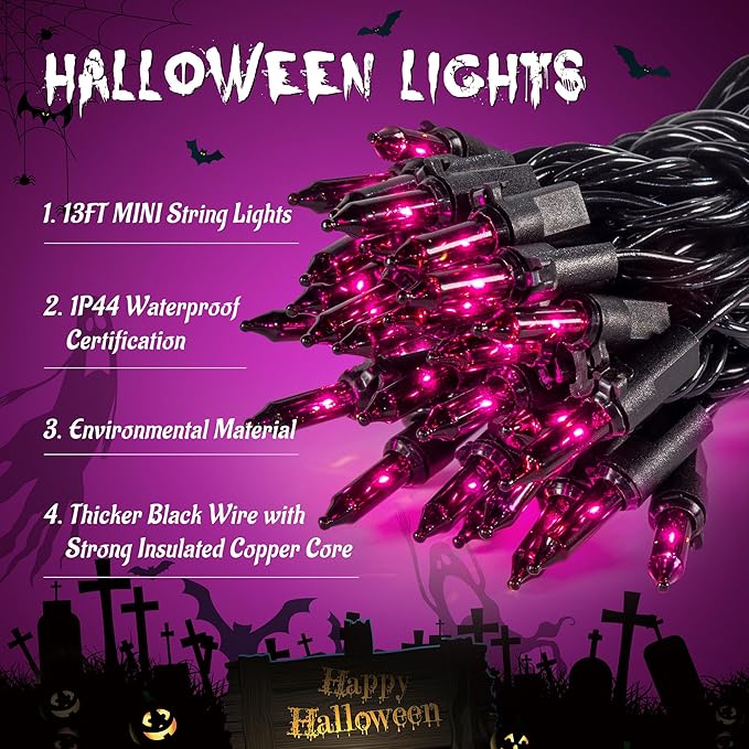 YOUNGAR Purple Halloween Lights, Clear Halloween Light Outdoor,13FT 50 UL Approved String Light with Black Wire,Incandescent Mini Waterproof Plug in for Indoor Tree Patio Garden Christmas Xmas Decor