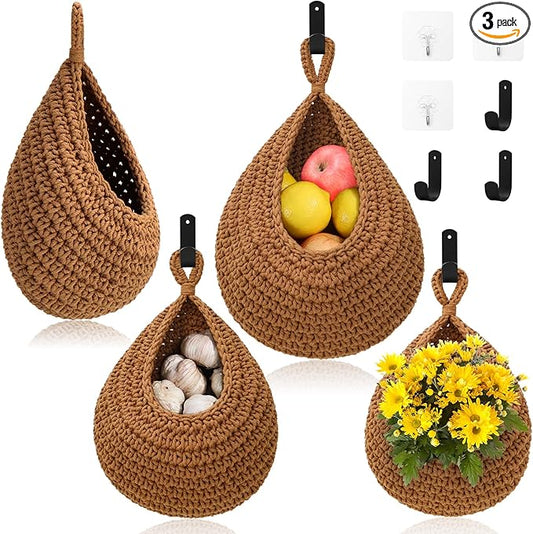 Hanging Fruit Baskets for Kitchen - 3 Pack Boho Wall Hanging Basket with 6 Pcs Strong Hooks, Handwoven Hanging Holder Teardrop Home Produce Basket for Fruits Vegetable Potato Onion Storage (Linen)