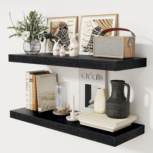 Black Floating Shelves 36 Inch Long, 12 Inch Deep Floating Shelves for Wall, 36 x 12 Shelves for Wall Storage & Display, 2" Thick Floating Shelf for Bathroom, Living Room, Bedroom, Set of 2