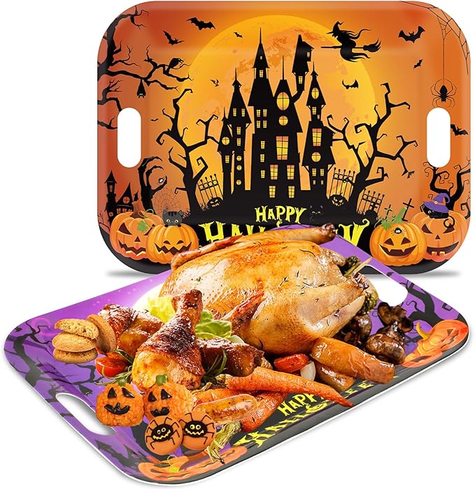 gisgfim 2Pcs Halloween Serving Trays 16.1 X 11.1 Inch Large Melamine Platters with Handles, Orange Purple Castle Pumpkin Bat Food Trays Halloween Movie Night Snack Trays Birthday Party Serving Dishes