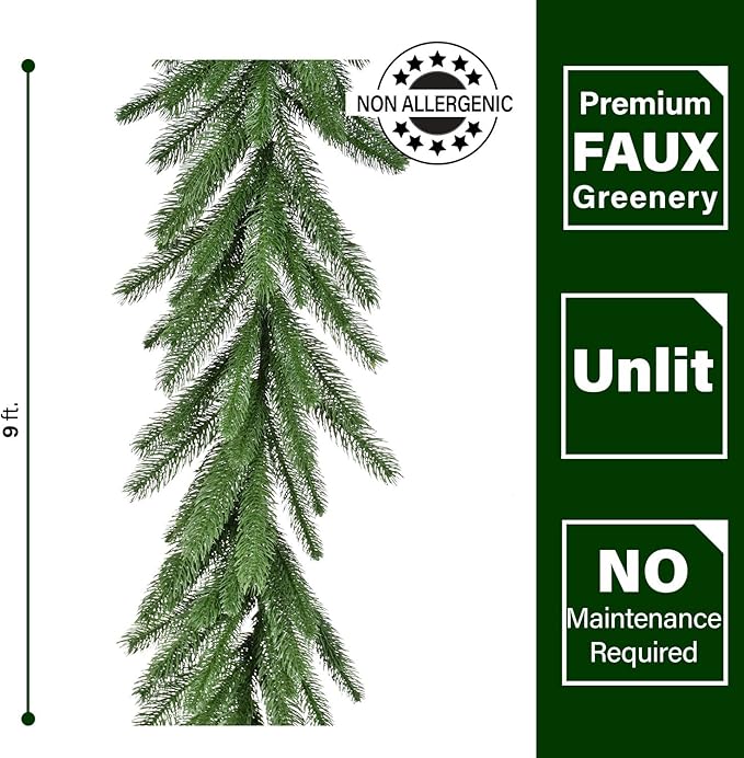 Fraser Hill Farm 9-Ft. Green Fir Garland, No Lights | Festive Christmas Holiday Decor for Fireplace Mantel, Stairway, Console Table | FFGF108GL-0GR