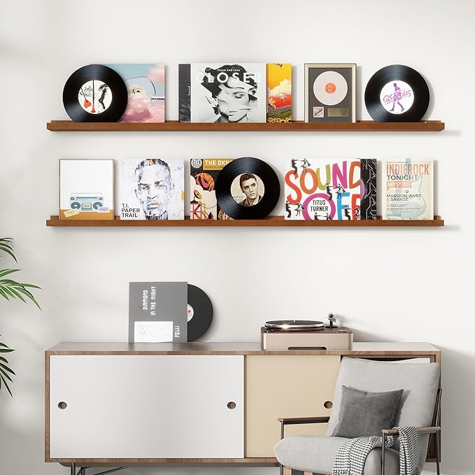 Picture Ledge Shelf, Floating Shelves Set of 2, Solid Pine Wood 72'' Long Large Nursery Book Shelves for Toys Storage, Kids Bookshelf for Living Room Bedroom Decor Books Photo Frames, Walnut