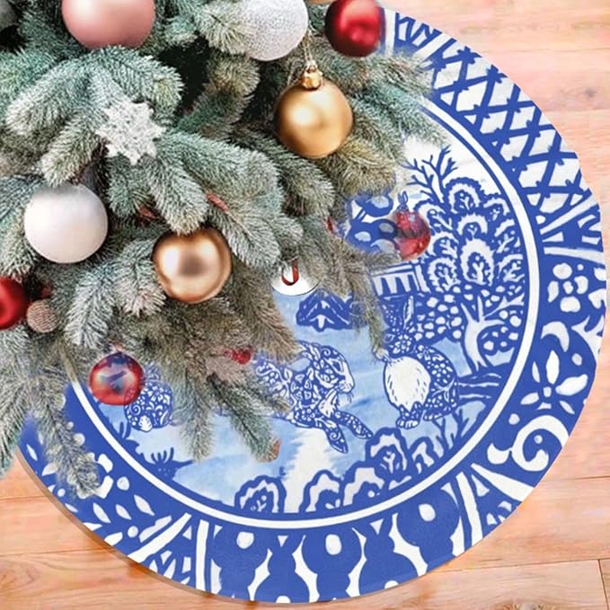 36" Large Christmas Tree Skirt, Blue Willow Oriental Rabbit Whimsical Blue & White Pattern Tree Mat Base Cover for Xmas Festive Holiday Party Decoration Ornaments