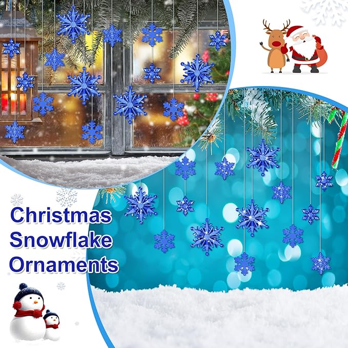 Dilunave 40 Pieces Christmas Snowflake Ornaments Acrylic Christmas Tree Decorations Crystal Snowflakes Translucent Winter Hanging Ornament for Tree (Navy Blue)