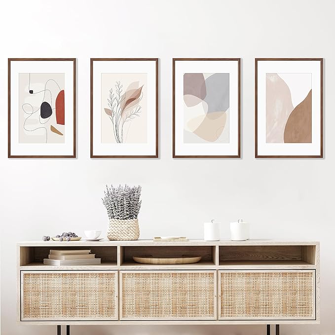 16x24 Poster Frame Set of 4 Natural Solid Walnut Photo Frames with 12x18 Removable Mat Wall Hanging Large Handcrafted Frame with HD Plexiglass Wall and Tabletop Display Large Picture Frame