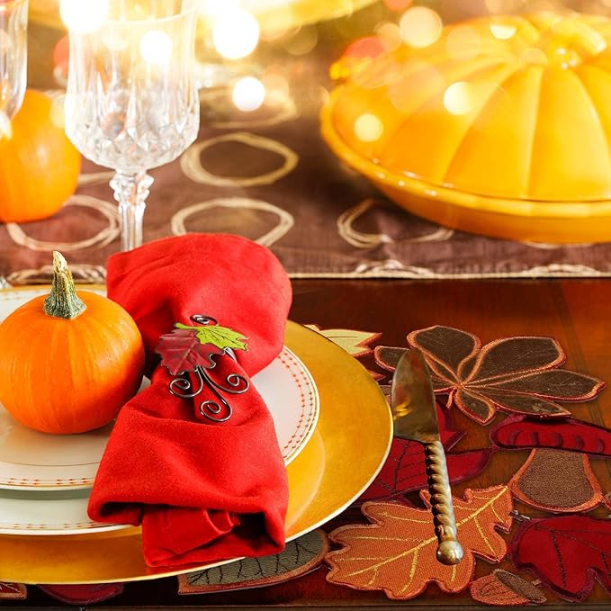 Fall Placemats Set of 6 Thanksgiving Place Mats Fall Autumn Maple Leaf Embroidered Placemats 11 x 17 Inch Thanksgiving Table Place Mats Decorations for Home Dinning Kitchen Autumn Harvest