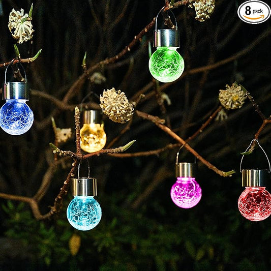 Solpex Hanging Solar Lights Outdoor, 8 Pack Decorative Cracked Glass Ball Light, Solar Powered Waterproof Globe Lighting, Hanging Globe Solar Lights for Garden, Yard, Patio, Lawn, Flower Bed