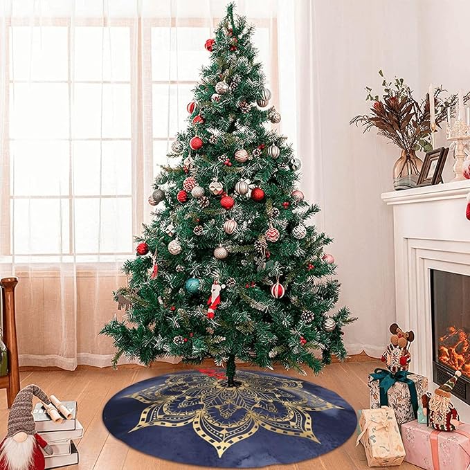 36" Large Christmas Tree Skirt, Boho Mandala Gold Navy Blue Ink Texture Round Cushion Pattern Tree Mat Base Cover for Xmas Festive Holiday Party Decoration Ornaments