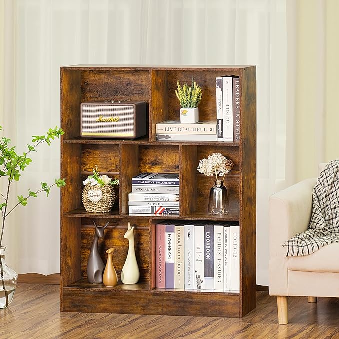 LEYAOYAO 7 Cube Bookshelf with Wood Base, Brown 3 Tier Mid-Century Modern Bookcase,Standing Wide Bookshelves Storage Organizer Shelf,Rustic Display Cabinet Book Shelves for Bedroom,Living Room,Office