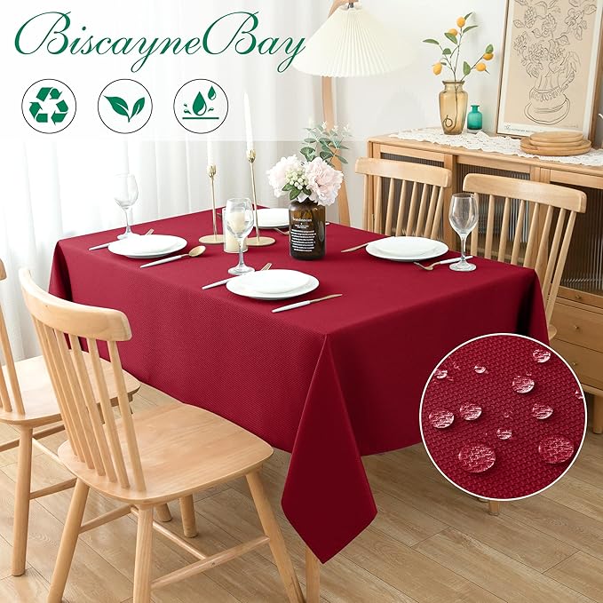 Biscaynebay Textured Fabric Christmas Rectangle Table Cloth 70x120 Inch, Red Water Resistant Tablecloths for Dining, Kitchen, Wedding and Parties, Machine Washable