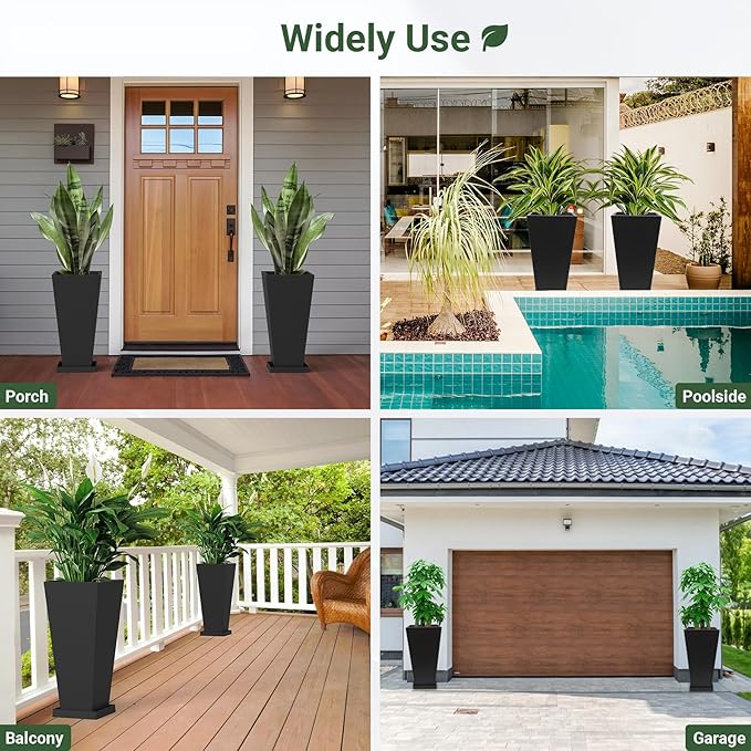 Tall Metal Planter 26" H - 2 Pack, Tall Planters with Removable Insert Shelve & Saucer Trays, Metal Outdoor Planters for Porch, Garden, Patio, Yard(Black)