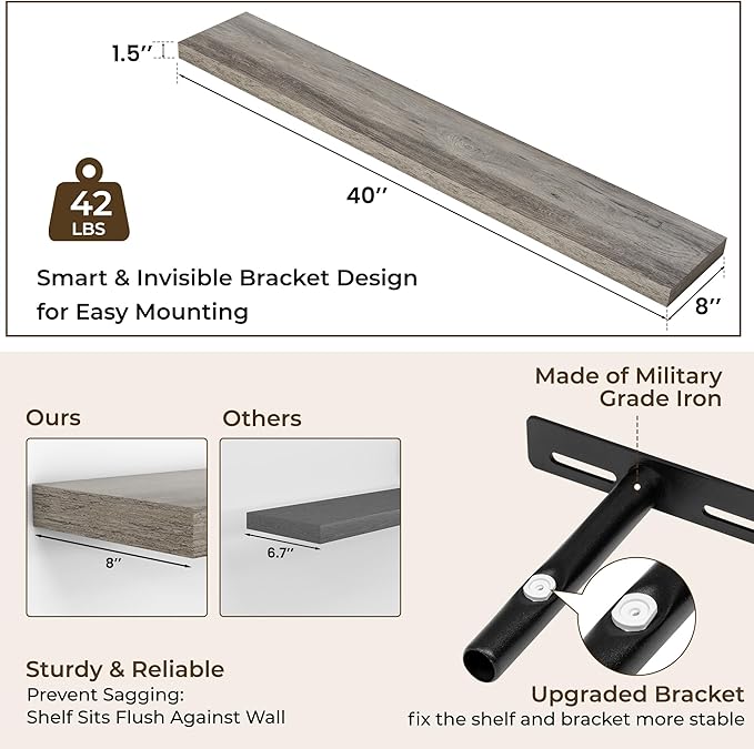 RICHFOCUS 40Inch Floating Shelves for Wall 2 Pack Shelves for Bedroom|Kitchen|Bathroom Wall Mounted Rustic Wood Floating Shelf with Invisible Brackets for Books|Storage|Decor, Grey