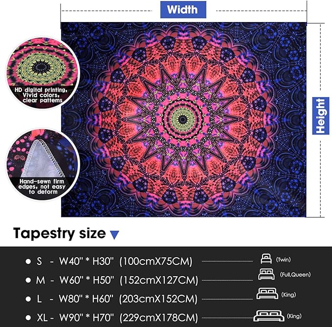 ADDWel Blacklight Mandala Boho Tapestry Glow In The Dark, Black Light Bohemian Hippie Poster Wall Hanging for Bedroom Aesthetic Wall and Room Decor (90" x 70", Mandala)