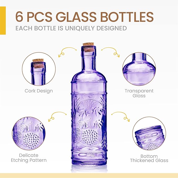Assorted Purple Glass Bottles with Corks, 6 Pack, 2.5in X 9in, 16oz