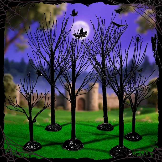 Warmtree 6 Pcs Halloween Village Trees Mini Decor Tree Artificial Tabletop Branch Trees, Halloween Village Accessories with Crows Figurine for Holiday Home Garden Office Festival Decor