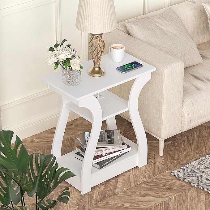 End Tables Living Room, White End Table with Charging Station,White Side Table, Nightstand for Bedroom, 3 Tier End Table with Storage Shelf for Living Room