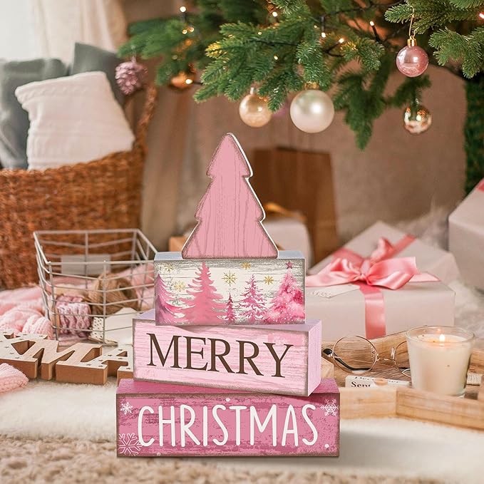4 Pcs Christmas Table Decoration Wooden Pink Christmas Tree Centerpieces Decor Winter Tiered Tray Decor Rustic Decorative Tree Block Signs Gift Farmhouse Xmas Decoration for Home Kitchen