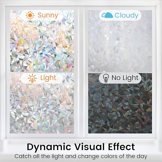 DOWELL Window Privacy Film, Rainbow Window Film, Decorative Stained Glass Clings, Static Cling Door Sticker, Non-Adhesive 3D Decals for Home UV Protection, 23.6 x 157.5 inches